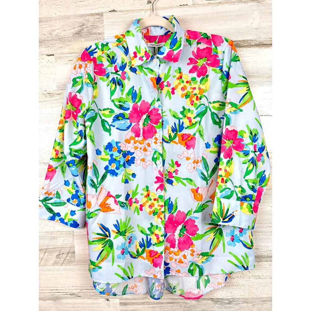 Foxcroft Womens M Blue Multi Floral Non-Iron Cotton Button Up Top NWT